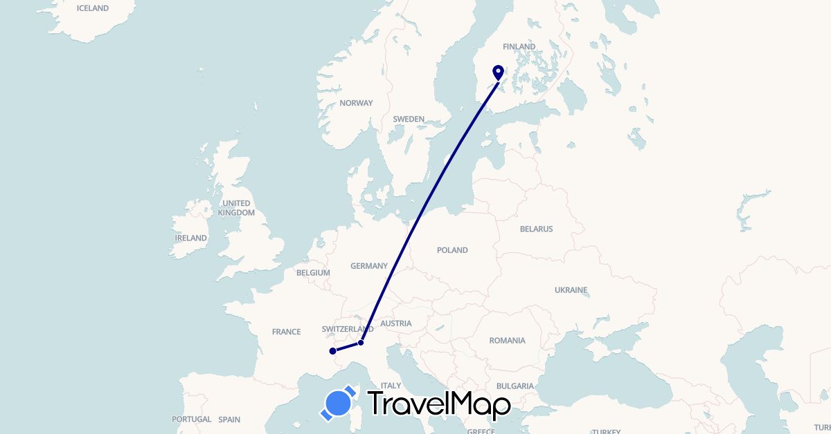 TravelMap itinerary: driving in Finland, France, Italy (Europe)